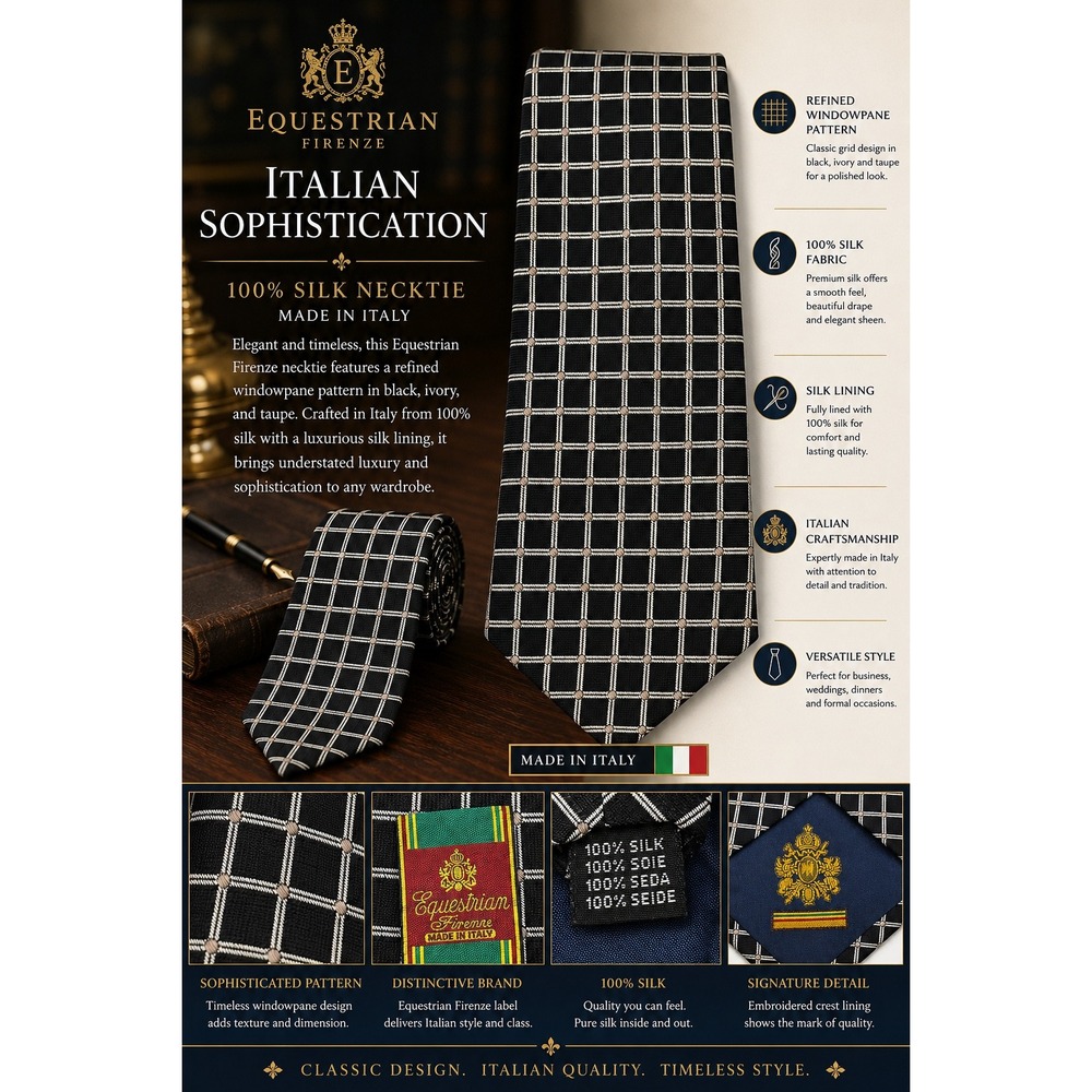 Equestrian Firenze Men's 100% Silk Tie Black Silver Windowpane Made in Italy